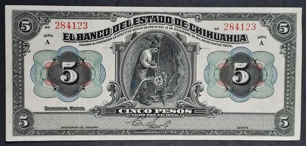 1913 Serie A  5 Pesos  Chihuahua Banknote