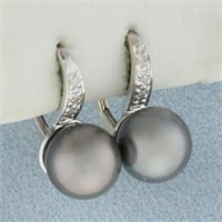 Tahitian Pearl and Diamond Earrings in 14k White G