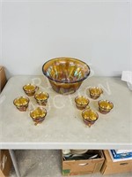 Carnival glass punch bowl & cups