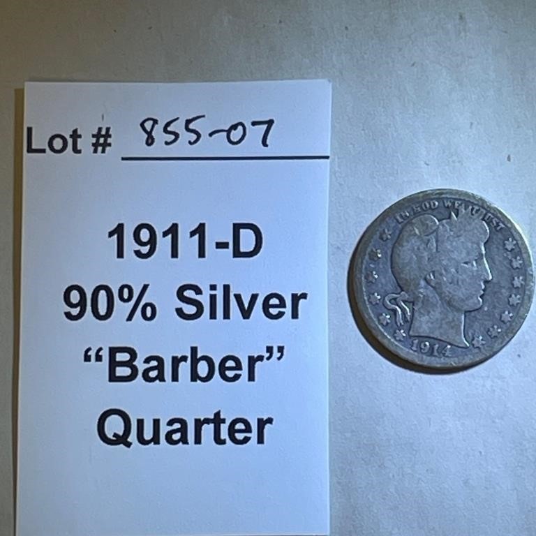 1911-D "Barber" Quarter, 90% Silver