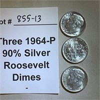 Three 1964-P Dimes, 90% Silver