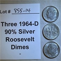Three 1964-D Dimes, 90% Silver