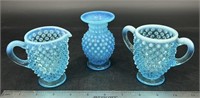 Fenton Blue Opal Hobnail Vase & C&S Set