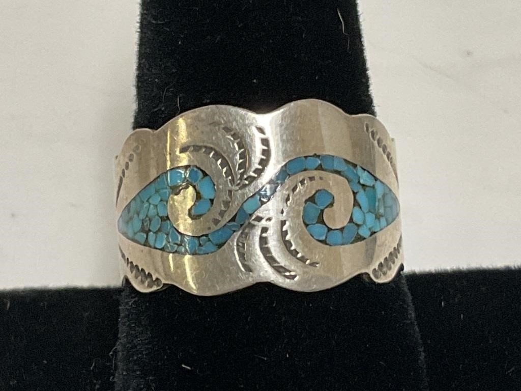Sterling Inlaid Turquoise Ring 6.2gr TW Sz 9
