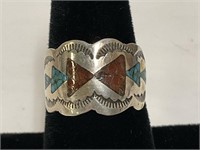 Sterling Inlaid Turq & Coral Ring 5.4gr TW Sz 6.75