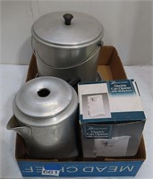 can opener, 2 metal pots