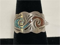Sterling Inlaid Turq & Coral Ring 5.2gr TW Sz 6.75