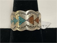 Sterling Inlaid Turq & Coral Ring 6.5gr TW Sz 8.75