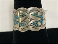 Sterling Inlaid Turq & Coral Ring 5.6gr TW Sz 7.5