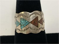 Sterling Inlaid Turq & Coral Ring 5.1gr TW Sz 6