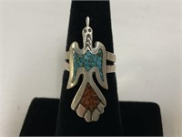 Sterling Inlaid Turq & Coral Bird Ring 4.8gr TW