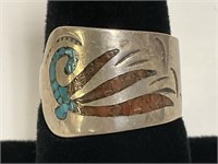 Sterling Inlaid Turq & Coral Ring 5.8gr TW Sz 7