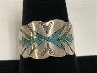 Sterling Inlaid Turq & Coral Ring 5.9gr TW Sz 7.5