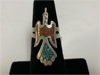 Sterling Inlaid Turq & Coral Bird  Ring 4.2gr TW