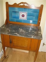 Vtg Marble Top Washstand w/ Blue Tile Back splash