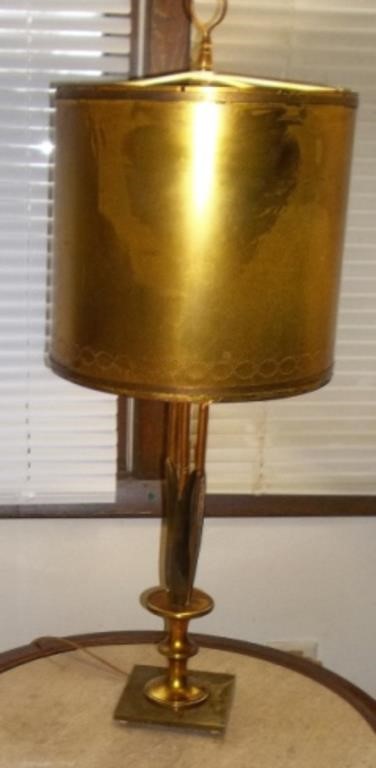 Vtg Brass Cattail Table Lamp & Metal drum Shade