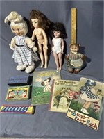 Vintage doll, book and game lot
