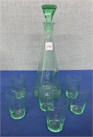 Depression Glass Green Decanter , 6 Shot Glasses