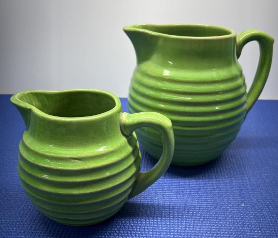 Green Ribbed Vintage Pottery Jugs 5 , 7”
