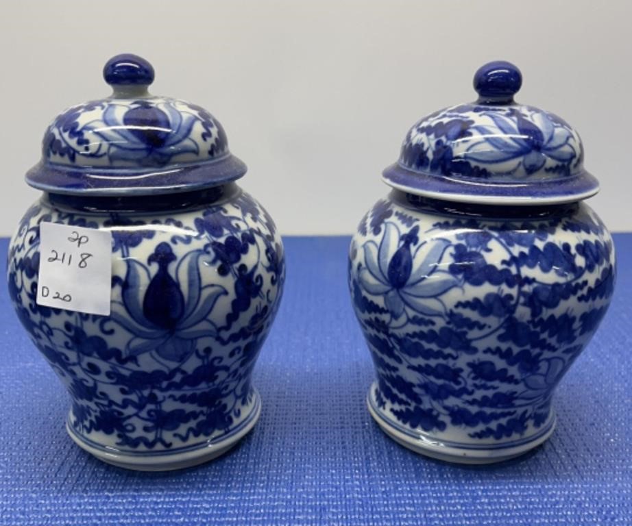 Pair of Blue / White Small Ginger Jars 5” h