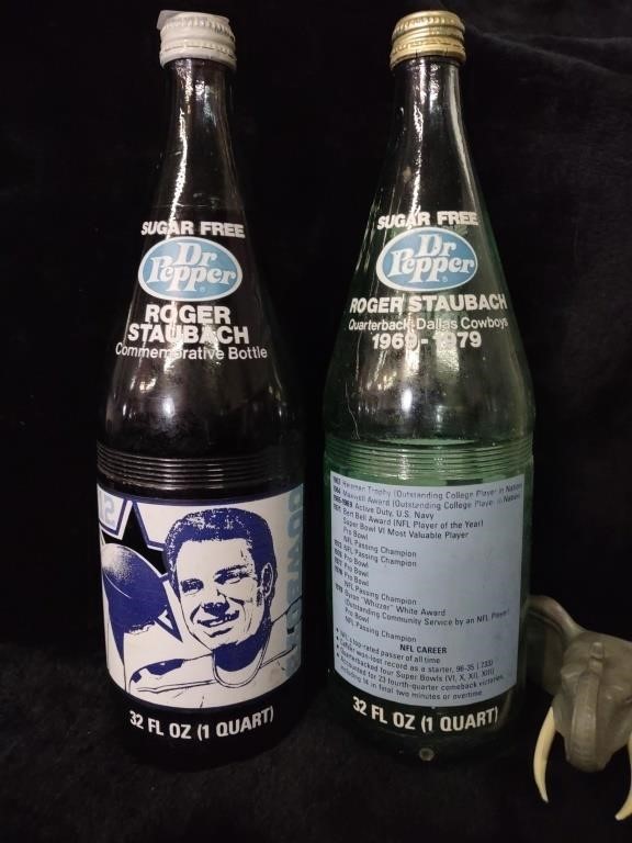 (2) Roger Staubach Dr. Pepper 1 Quart Bottles