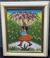 Flower Basket Signed Canvas in Off White Frame