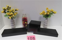 4 Floating Shelves - Decor Vases w/ Faux Flowers