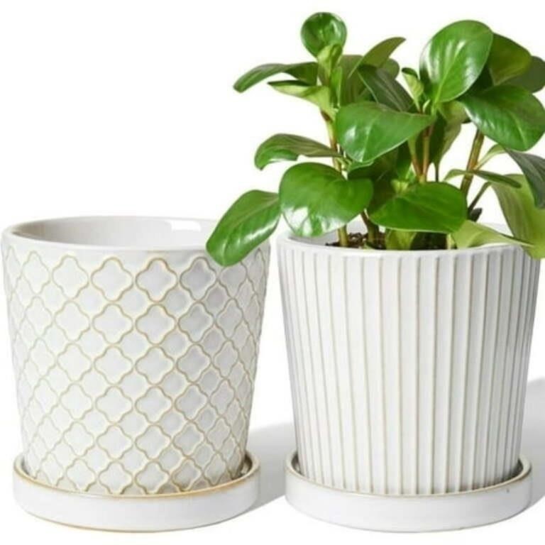 New Set of 2  Embossed Ceramic Plant Pots