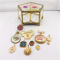 Glass Jewelry Box w/Contents: Pendants, Ring,