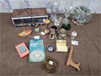 Shoe ship, vintage radio clock, crystal bear, etc