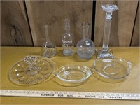 Clear glass egg plate, decanters, candlestick,