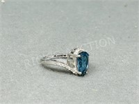 Sterling & blue stone ring w/ diamond chips