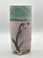 Pastel Cylindrical Vase w/ Bird & Plant