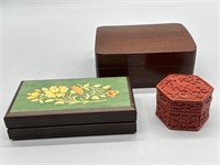 2- Jewelry Boxes & 1- Asian Cinnabar Trinket Box