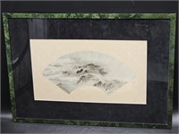 Framed Hand Fan w/ Sketched Asian Landscape