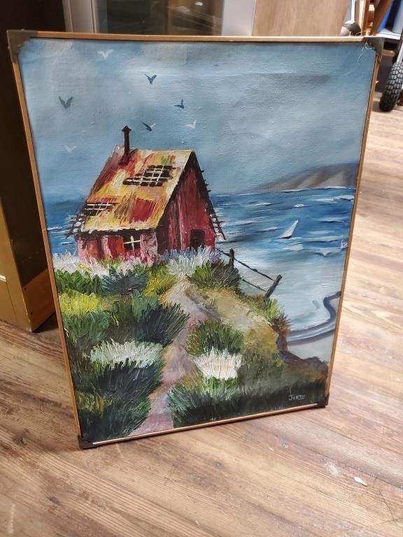 Signed Oil on Canvas Beach Scene & Farmhouse Print