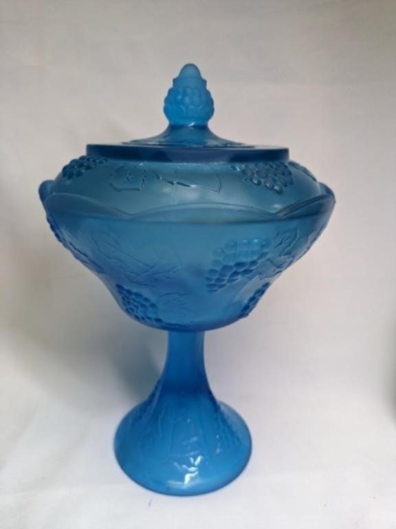 Vintage Indiana Glass Blue Satin Pedestal 11" tall