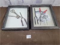 2 antique barber tools in shadow box wall frames
