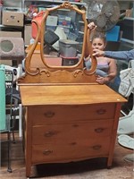 Antique Oak 3 Drawer Dresser w/Mirror-33t x 40w x