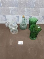 Vintage turkey glass dish, green glass vases, etc