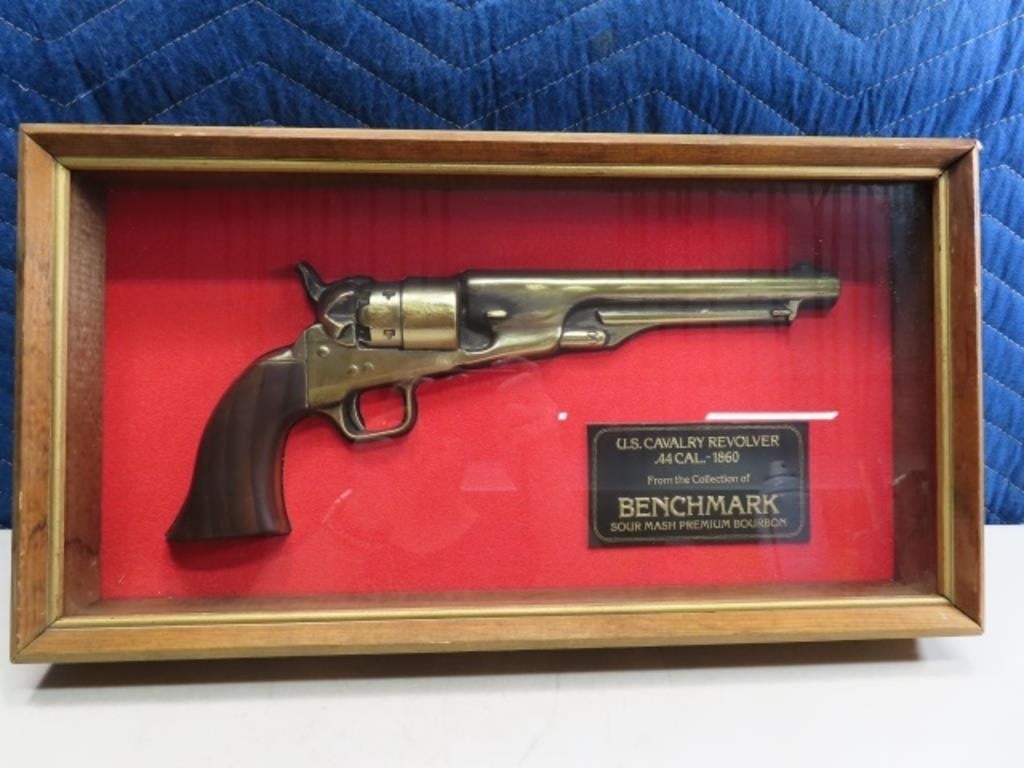 .44cal Gun BENCHMARK vtg Bourbon Advertising Sign