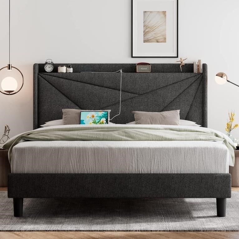 Full Size Bed Frame w/ Headboard, Dark Gray