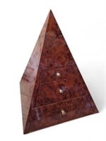 Pyramid-shaped burlwood jewelry and watch box.