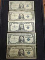 Five 1957 Silver Certificate US paper money bills