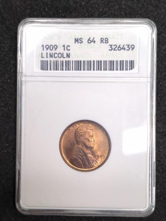 1909 Lincoln Cent Coin MS64 RB ANACS