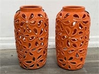 Pair of orange ceramic lanterns, 12” h.