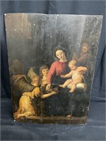Antique religious oil painting on board, unframed