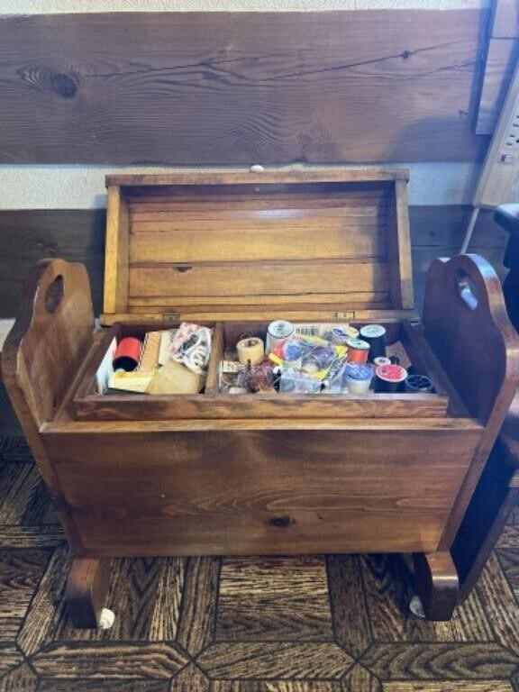 Unusual Wooden Sewing Box & Contents 22"H x 22"W