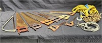Large group of vintage hand saws and one tree