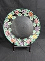 Large hand painted charger w/wrought iron stand